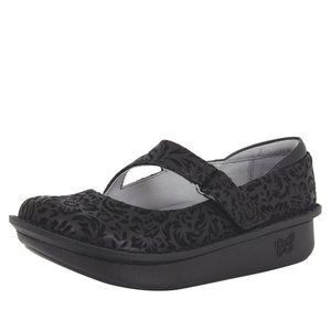 Alegria Black Floral Wedge Mary Jane Shoes